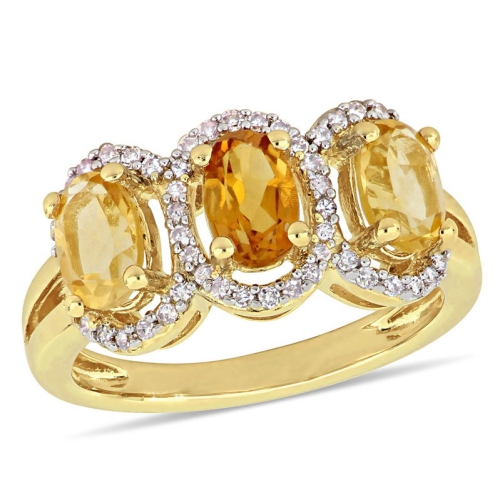 GEM AND HARMONY  1.35 Carat (Ctw) Madeira Citrine Three Stone Ring With Diamonds 1/5 Carat (Ctw) In Plated Sterling Silver In Yellow