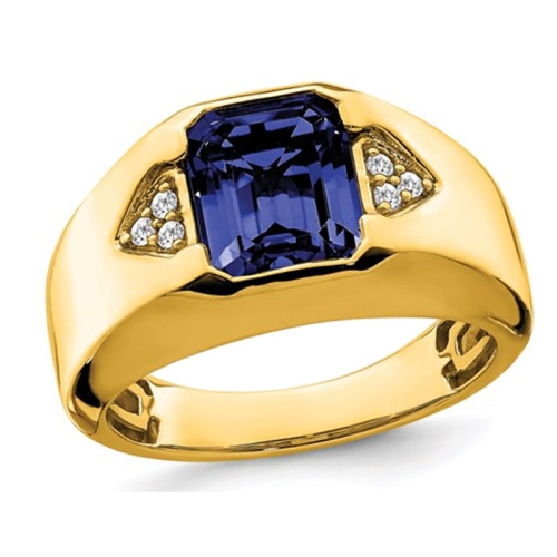 GEM AND HARMONY  Mens 3.75 Carat (Ctw) Lab Created Blue Sapphire Ring In 14K Gold With Diamonds In Yellow