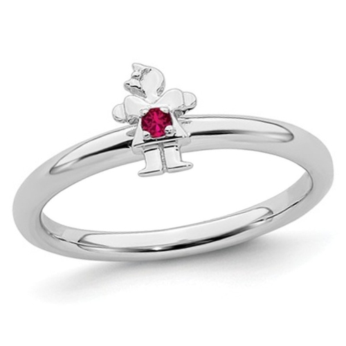 GEM AND HARMONY  Sterling Stackable Band Ring With Little Girl And Lab Created Ruby Accent In Silver