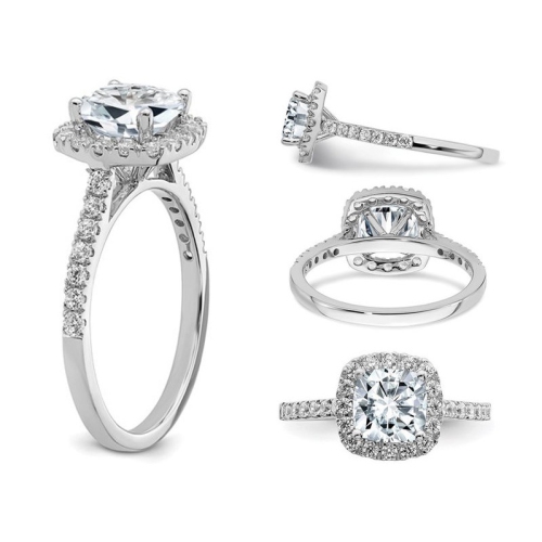 1.68 Carat Cushion-Cut Synthetic Moissanite Halo Engagement Ring in 14K White Gold