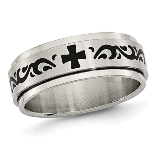 GEM AND HARMONY  Ladies Stainless Steel 8MM Wedding Band Ring With Swirl Design In Black