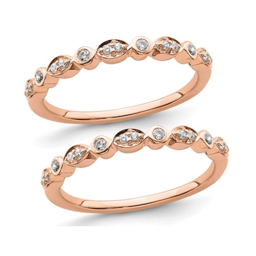 GEM AND HARMONY  14K Rose Gold 1/6 Carat (Ctw) Diamond Set Of 2 Wedding Band Rings In Pink