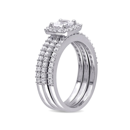 1.50 Carat Lab-Created White Sapphire Halo Bridal Engagement Ring and Band Set In Sterling Silver