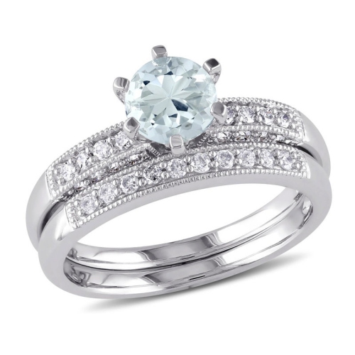 GEM AND HARMONY  3/4 Carat (Ctw) Light Aquamarine With Diamond 1/3 Carat (Ctw) Bridal Wedding Set Engagement Ring 10K Gold In White