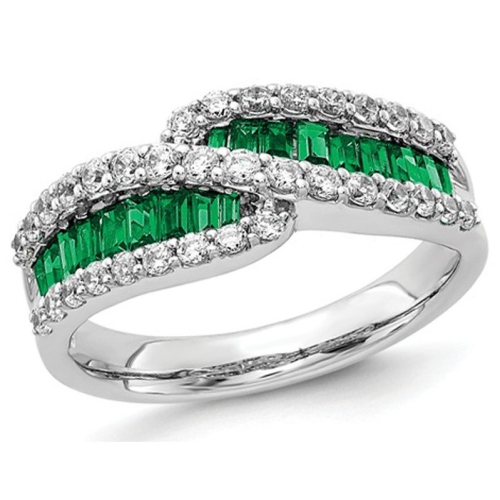 GEM AND HARMONY  1.20 Carat (Ctw) Natural Emerald Band Ring In 14K Gold With Diamonds 3/5 Carat (Ctw) In White