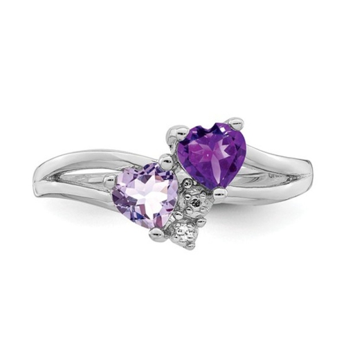 Amethyst and Pink Quartz Heart Promise Ring 4/5 Carat in Sterling Silver