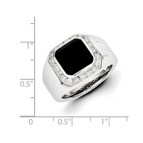 Mens Black Onyx Ring with Accent Diamonds in Rhodium Plated Sterling Silver