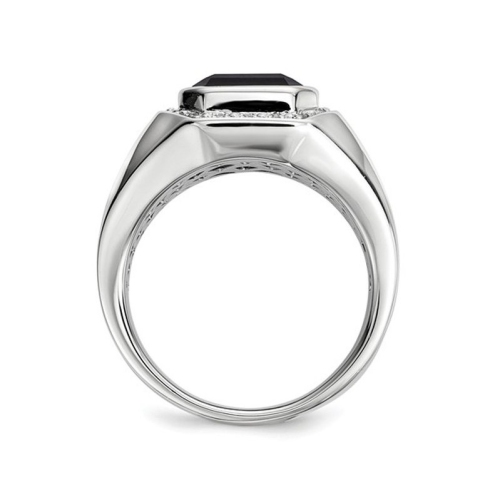 Mens Black Onyx Ring with Accent Diamonds in Rhodium Plated Sterling Silver