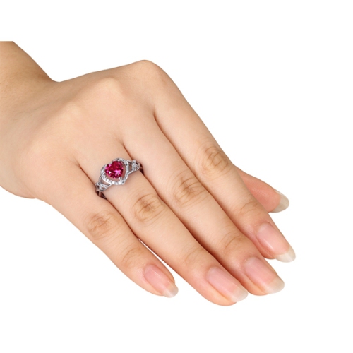 1.70 Carat Lab-Created Ruby Heart Ring with Diamonds in Sterling Silver