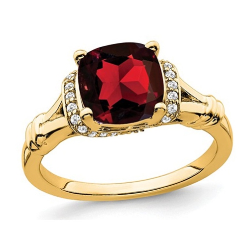 GEM AND HARMONY  1.90 Carat (Ctw) Natural Cushion Cut Garnet Ring In 14K Gold With Diamonds In Yellow