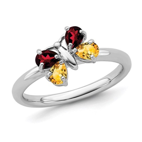 GEM AND HARMONY  Sterling Butterfly Garnet And Citrine Ring 3/4 Carat (Ctw) In Silver
