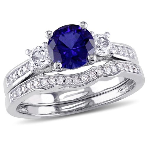 GEM AND HARMONY  1 1/3 Carat (Ctw) Lab-Created & White Sapphire With Diamond Bridal Wedding Set Engagement Ring 10K White Gold In Blue