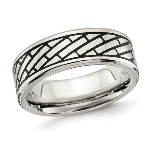 GEM AND HARMONY  Mens Stainless Steel 7.5MM Antiqued & Polished Brick Band Ring In Multicolor
