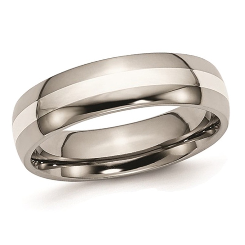 Ladies or Mens 6mm Comfort Fit Titanium Wedding Band Ring with Sterling Silver Inlay