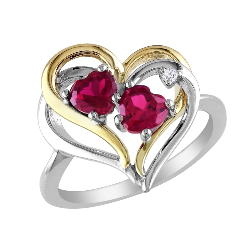 1.10 Carat Lab-Created Ruby Heart Ring with Diamonds in Sterling Silver with Yellow Plating