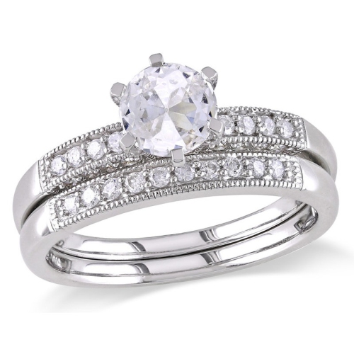 GEM AND HARMONY  1.00 Carat (Ctw) Lab-Created Sapphire With Diamonds 1/3 Carat (Ctw) Bridal Wedding Engagement Ring Set 10K Gold In White