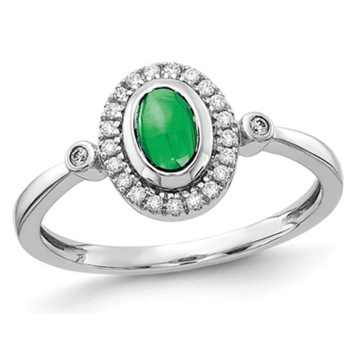 3/5 Carat Cabachon Emerald Ring in 14K White Gold with Diamonds
