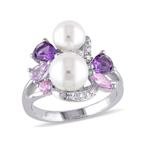GEM AND HARMONY  Freshwater Cultured Pearl Ring With Amethyst, Created Pink & Sapphire And Rose De France In Sterling Silver In White