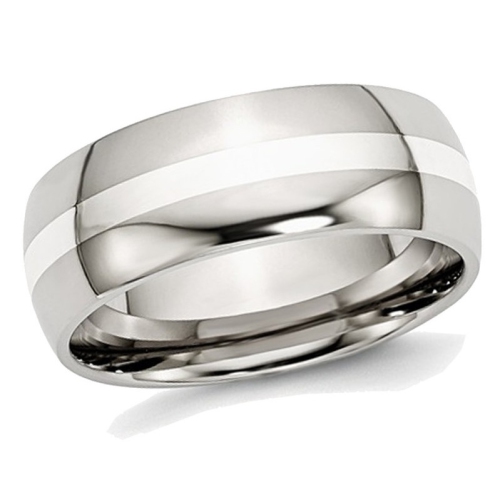 GEM AND HARMONY  Mens Chisel Stainless Steel 8MM With Sterling Inlay Wedding Band Ring In Silver
