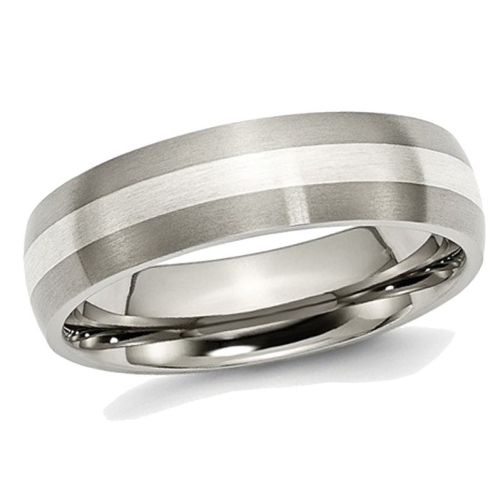 Mens Chisel 6mm Comfort Fit Satin Titanium Wedding Band Ring with Sterling Silver Inlay