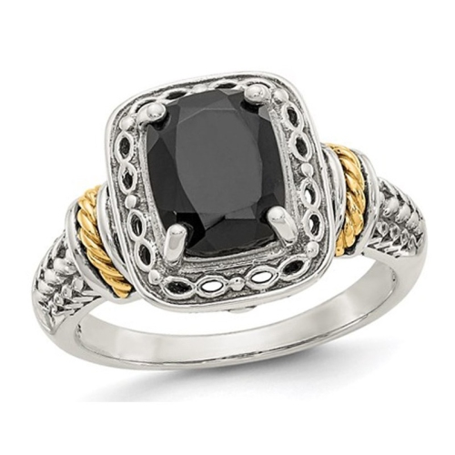 Black Onyx Ring in Rhodium Plated Sterling Silver with 14K Gold Accent