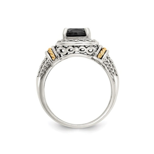 Black Onyx Ring in Rhodium Plated Sterling Silver with 14K Gold Accent