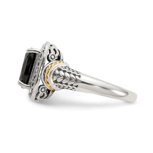 Black Onyx Ring in Rhodium Plated Sterling Silver with 14K Gold Accent