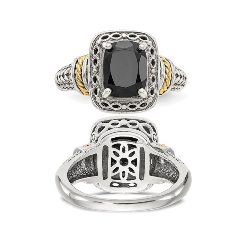 Black Onyx Ring in Rhodium Plated Sterling Silver with 14K Gold Accent