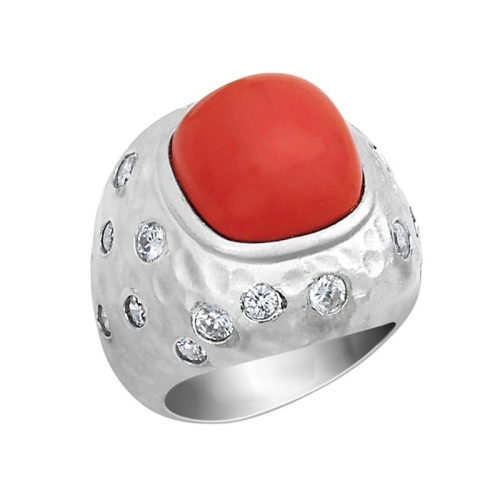 GEM AND HARMONY  Cheryl M. Created Coral Cocktail Ring With Cubic Zirconia (Cz) (Cz) In Sterling In Silver