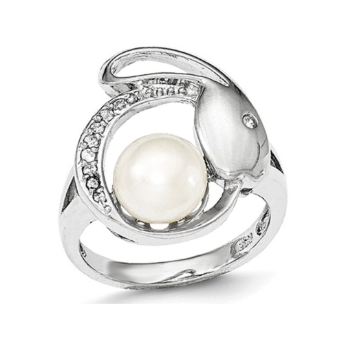GEM AND HARMONY  Freshwater Cultured Button Pearl Ring 8MM With Synthetic Cubic Zirconia (Cz) In Sterling In Silver