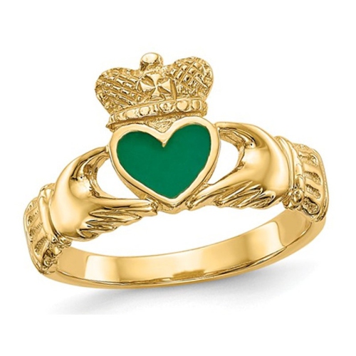 GEM AND HARMONY  Ladies Claddagh Ring In Polished 14K Gold With Green Enamel In Yellow