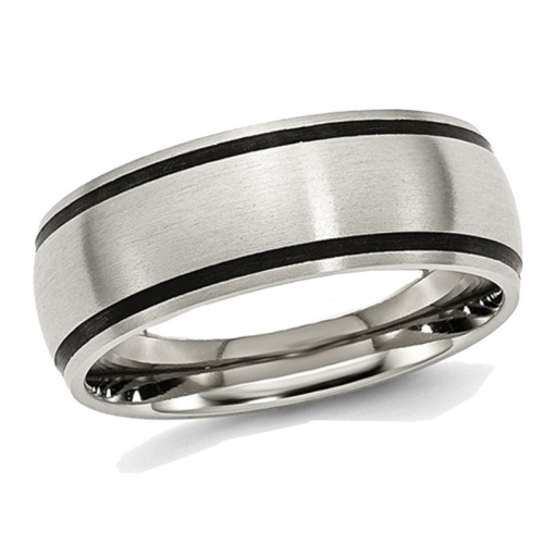 Mens Chisel 8mm Stainless Steel with Black Rubber Accent Satin Brushed Wedding Band Ring
