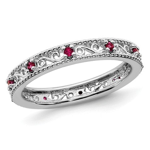 GEM AND HARMONY  1/5 Carat (Ctw) Lab Created Ruby Band Stackable Ring In Sterling In Silver