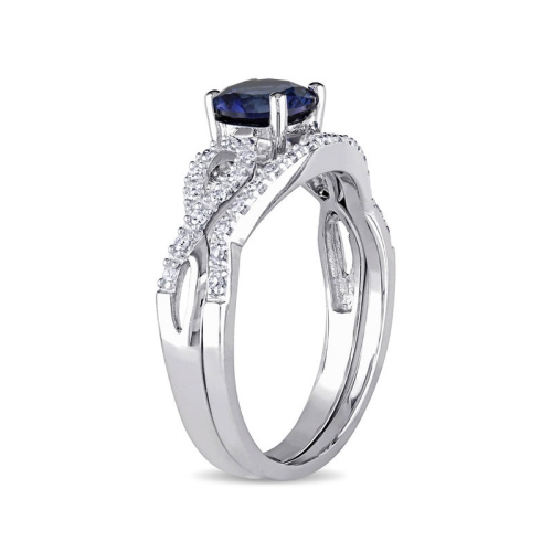 1.00 Carat Lab-Created Blue Sapphire Engagement Ring & Bridal Wedding Set with Diamond, 10K White Gold