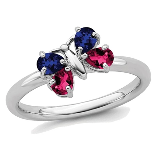 GEM AND HARMONY  4/5 Carat (Ctw) Lab Created Ruby And Lab Created Sapphire Butterfly Ring In Sterling In Silver