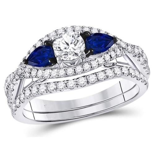 GEM AND HARMONY  1.35 Carat (G-H, I1-I2) Diamond Engagement Ring Bridal Wedding Set In 14K White Gold With Sapphires In Blue