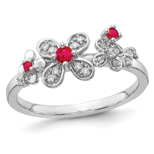 GEM AND HARMONY  1/8 Carat (Ctw) Natural Ruby Flower Ring In 14K Gold With Diamonds In White