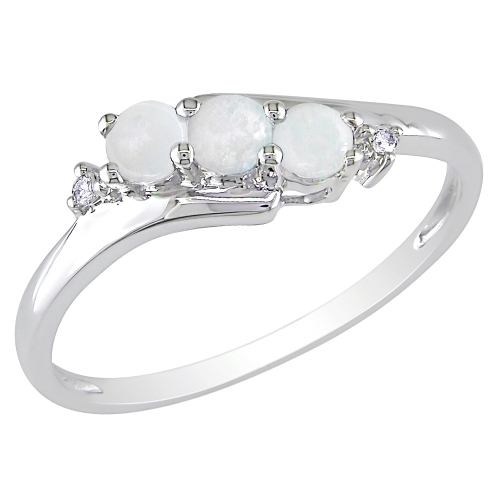 GEM AND HARMONY  Three Stone Created Opal And Diamond Ring 1/4 Carat (Ctw) In 10K Gold In White