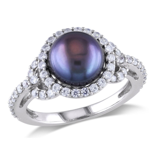 GEM AND HARMONY  Freshwater Cultured Pearl 8.5-9MM And Cubic Ring In Sterling Silver In Black