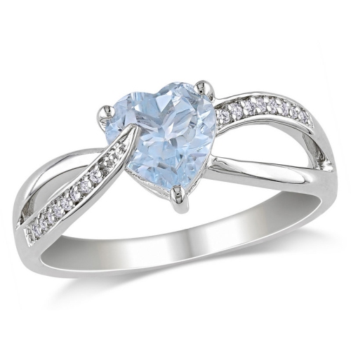 Bague en forme de coeur aigue-marine 1,50&nbsp;carat avec diamants en argent sterling