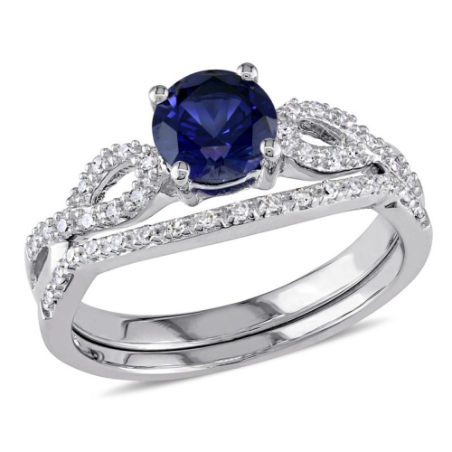 GEM AND HARMONY  1.00 Carat (Ctw) Lab-Created Sapphire Engagement Ring & Bridal Wedding Set With Diamond, 10K White Gold In Blue