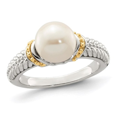 GEM AND HARMONY  8-9MM Cultured Freshwater Pearl Ring In Sterling Silver With 14K Accents In Gold
