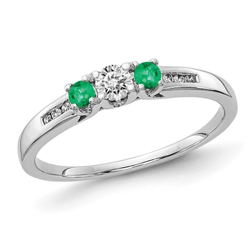 GEM AND HARMONY  1/6 Carat (Ctw) Three Stone Diamond And Emerald Ring In 14K Gold In White