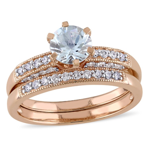 GEM AND HARMONY  3/4 Carat (Ctw) Aquamarine With Diamond 1/3 Carat (Ctw) Bridal Set Ring In 10K Gold In Pink