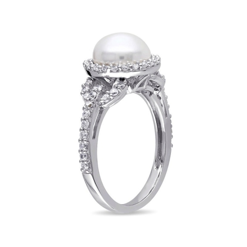 White Freshwater Cultured Pearl 8.5-9mm and Cubic Zirconia Halo Ring In Sterling Silver