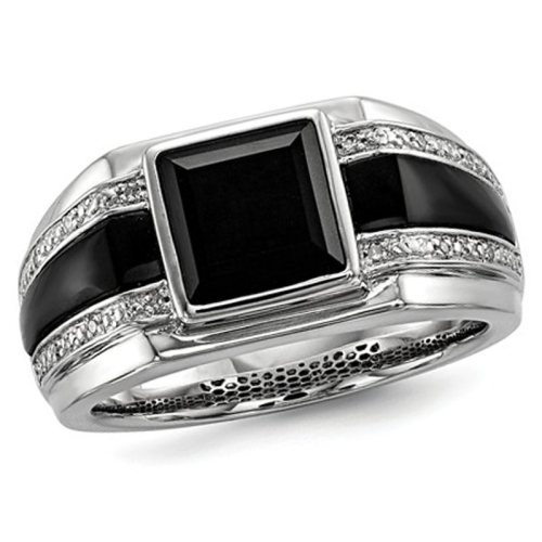 GEM AND HARMONY  Mens Onyx Ring With Accent Diamonds In Rhodium Plated Sterling Silver In Black