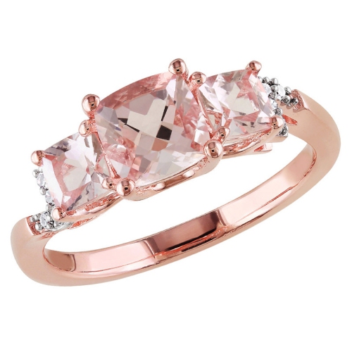 GEM AND HARMONY  1.40 Carat (Ctw) Morganite Three Stone Ring With Diamonds In Rose Plated Sterling In Silver