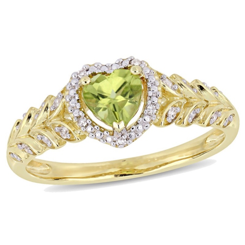 GEM AND HARMONY  1/2 Carat (Cw) Natural Peridot Promise Heart Ring In 10K Gold With Diamonds In Yellow