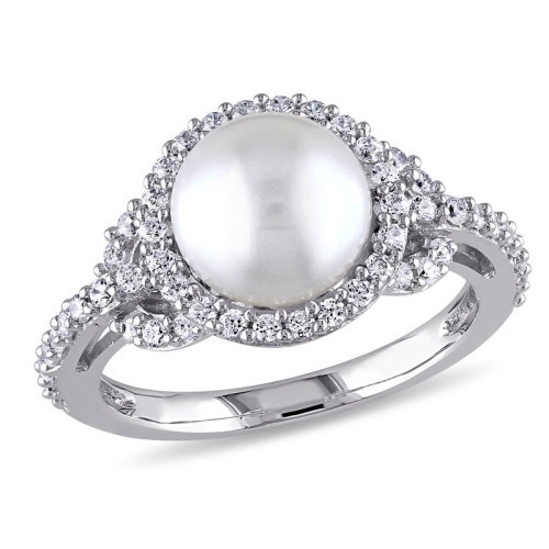 White Freshwater Cultured Pearl 8.5-9mm and Cubic Zirconia Halo Ring In Sterling Silver