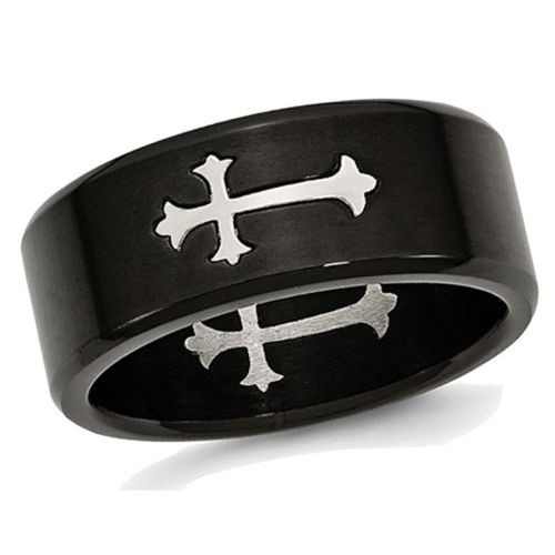 Mens Black Plated Stainless Steel 9mm Brushed Cross Wedding Band Ring